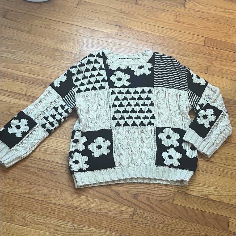 By Together Cream and Black Patchwork Floral Cable Sweater